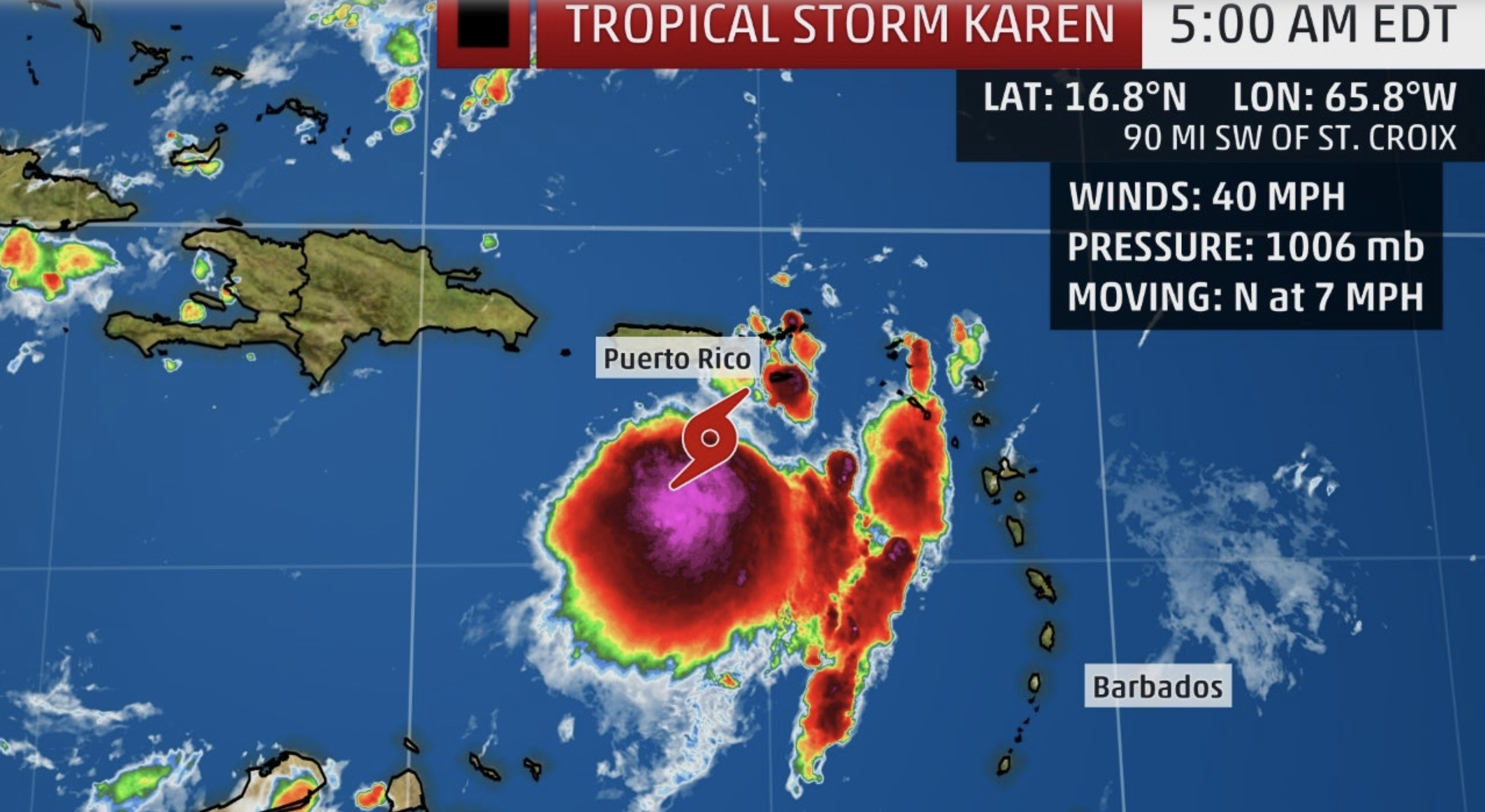 Karen Strengthens Into Tropical Storm Again, Will Pass Near Or Over USVI And Puerto Rico Later Today; Additional Strengthening Forecast