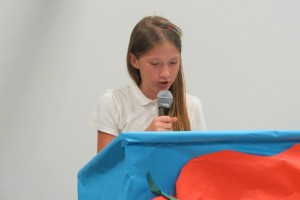 Rory Ramsdell gives her campaign speech at Student Leadership Elections at Claude O. Markoe Elementary on May 5.
