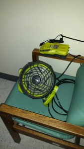 Fan brought to the hospital by Rogier Fahie to keep his  wife, who's battling cancer, cool.