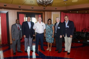 L-R Attending the WICO plaque ceremony welcoming the Anthem of the Seas on its inaugural visit to St. Thomas WICO Board Secretary, Edward Thomas WICO President and CEO, Joseph B. Boschulte RCCI Anthem of the Seas Captain, Anders Ingebrigtsen Assistant Director of Tourism and WICO Vice Chairperson, Joyce Dore-Griffith WICO Board Chairman, Randolph H. Knight WICO Board Member, Michael Watson