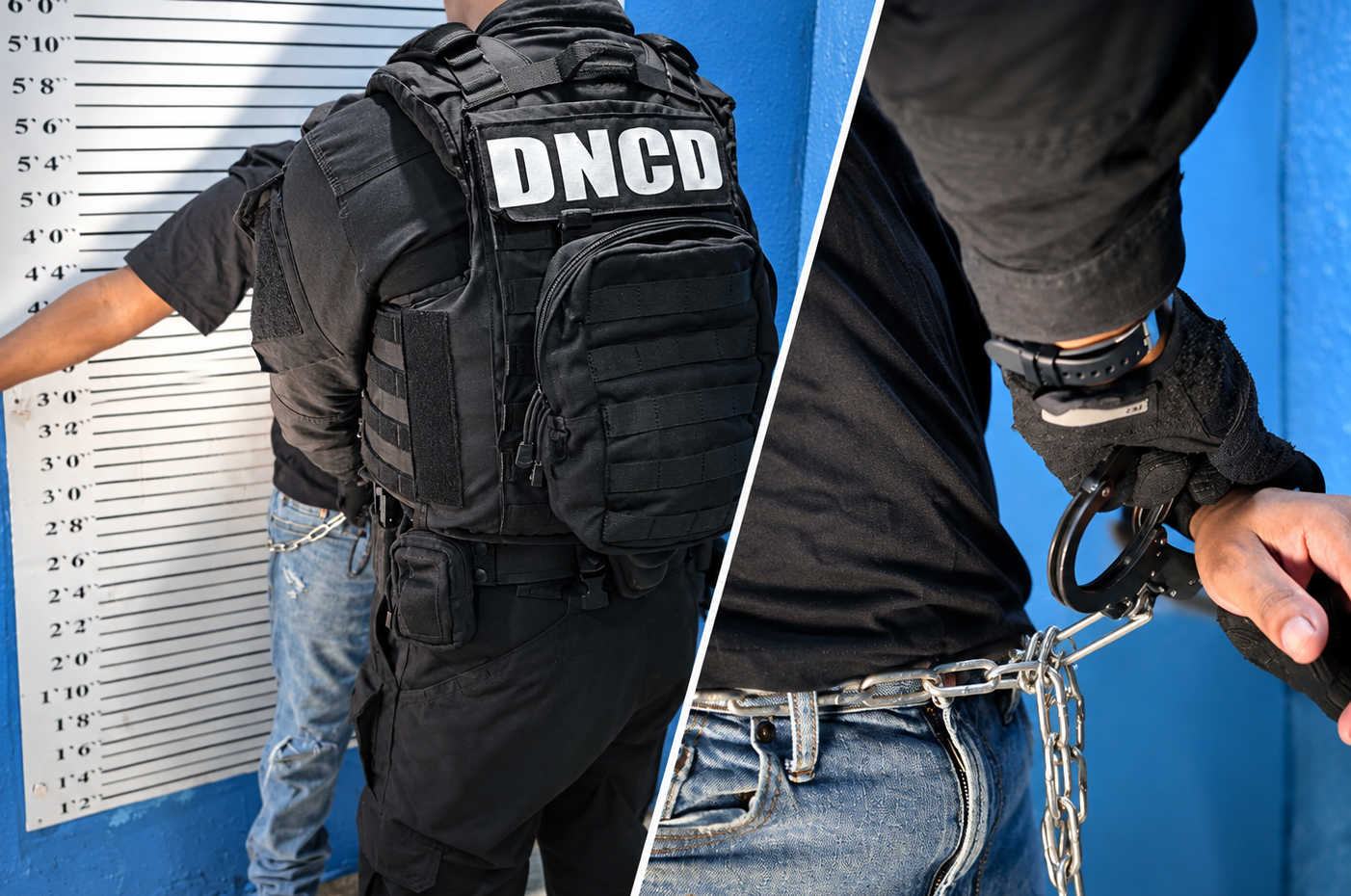 A collage shows a Dominican Republic DNCD officer and a handcuffed detainee during extradition processing. Two suspects were extradited to Puerto Rico to face federal charges in an alleged online sextortion scheme.