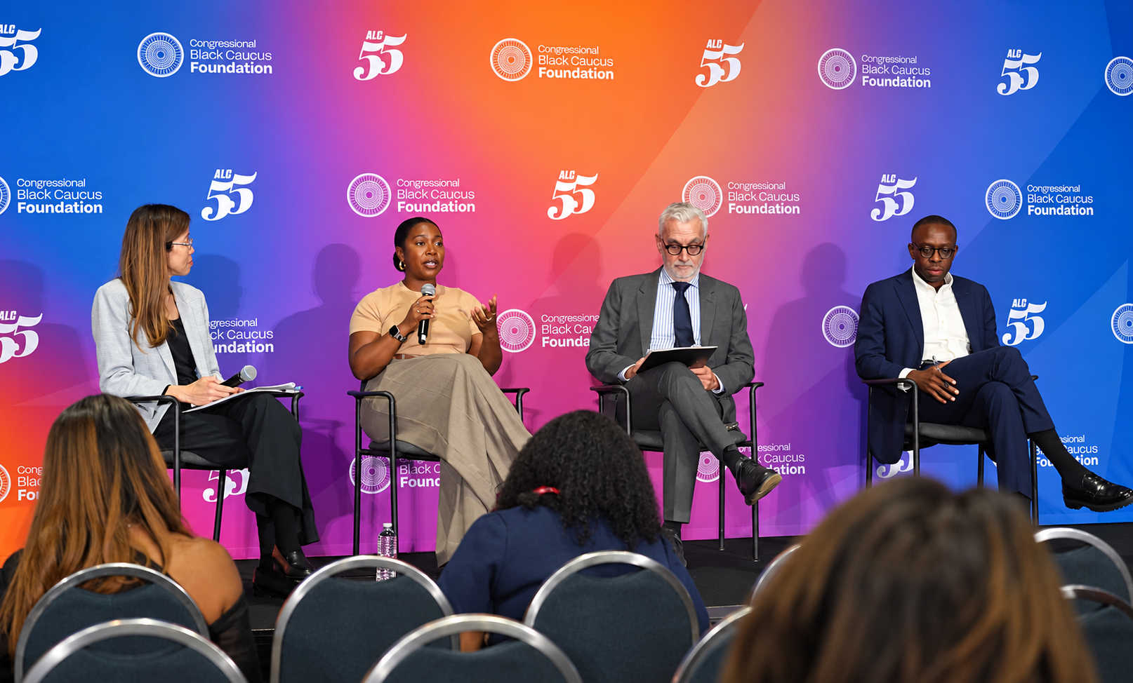 From left, moderator Kyeh Kim, Guava founder Kelly Ifill, National Cryptocurrency Association President Stuart Alderoty, and Jumia co-founder Tunde Kehinde discuss digital commerce during Plaskett’s ALC55 panel in Washington, D.C.