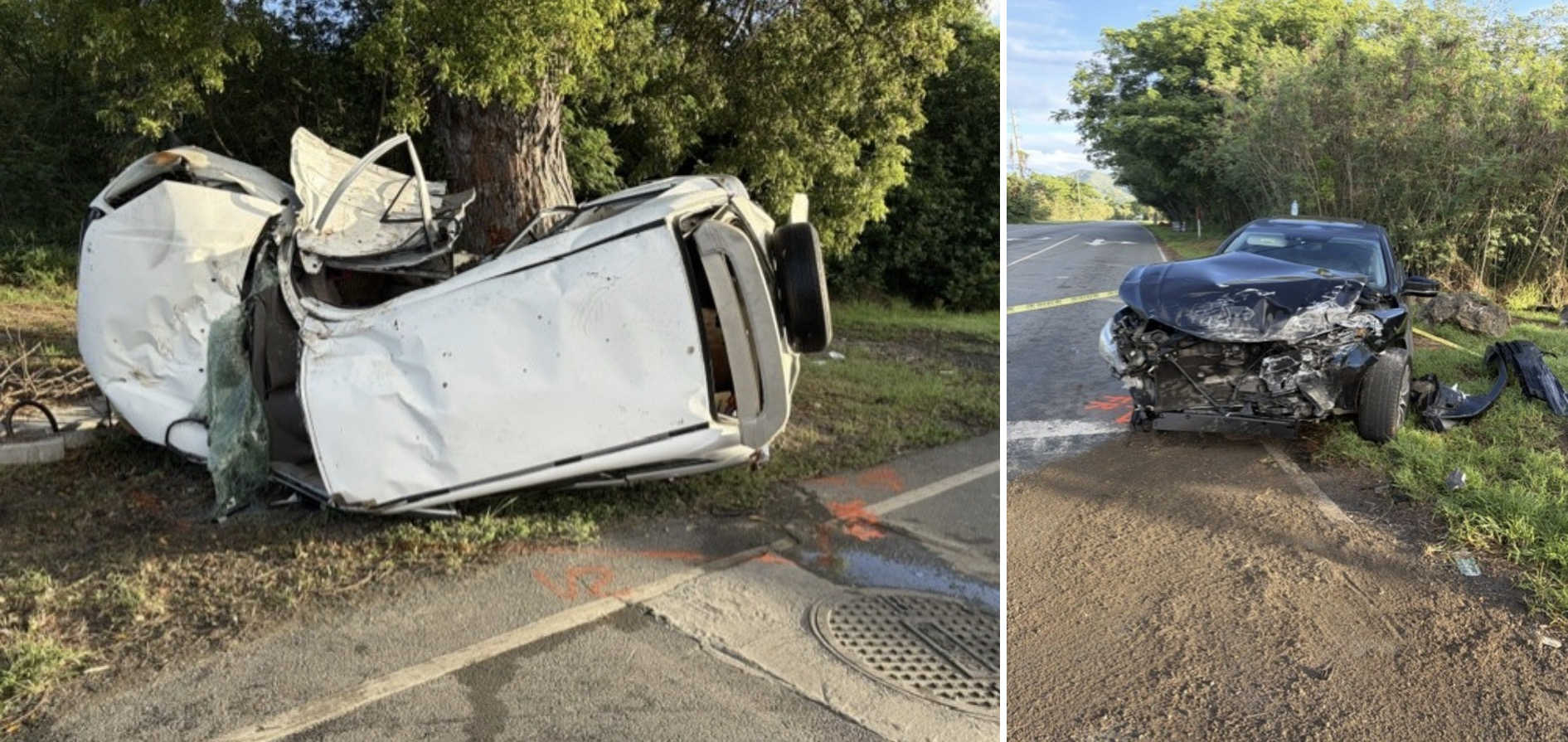 The overturned Toyota RAV4 and heavily damaged Acura involved in Saturday’s collision near Estate Castle Burke, St. Croix, which killed 22-year-old Jeralys M. Guzman and left a passenger critically injured.