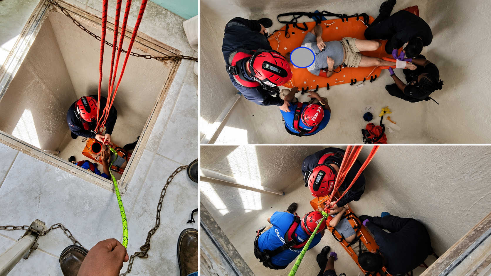 Rescue personnel work inside a St. Croix cistern to stabilize and prepare a patient for removal during a coordinated technical rescue involving VIFEMS, St. Croix Rescue and Caliber Rescue.
