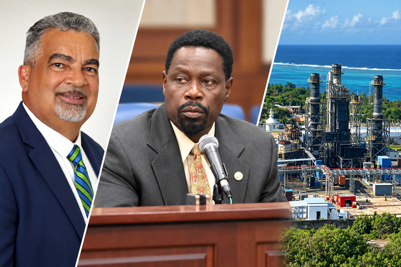 A collage featuring EDA CEO Wayne Biggs Jr., Senator Hubert Frederick, and WAPA’s Richmond Power Plant. Lawmakers advanced Frederick’s government oversight bill despite objections from WAPA and EDA.