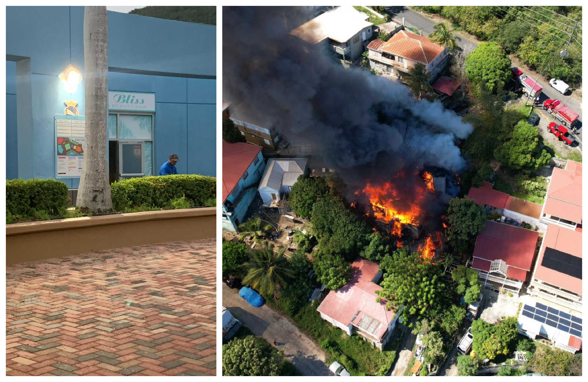From left to right, Tropical Bliss Spa in the Crown Bay Center, and a structural fire in Estate Solberg.