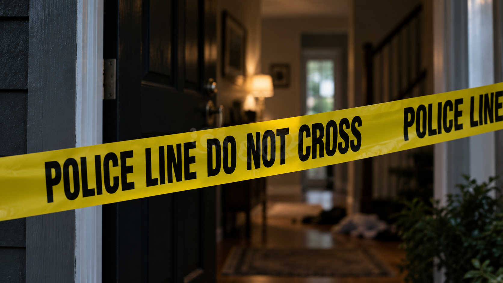 A conceptual image of police tape stretched across the entrance of a residence, illustrating the armed home-invasion robbery under investigation on St. Croix.