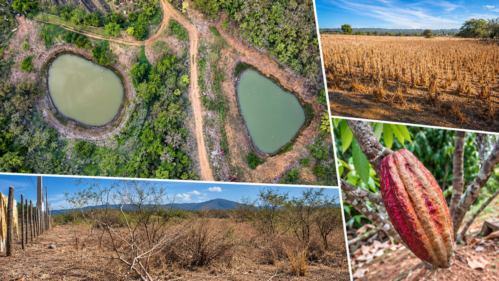 A collage shows depleted ponds in Bordeaux, St. Thomas, alongside drought-damaged farmland and crops in Puerto Rico, as St. Thomas reaches Exceptional Drought and conditions worsen across the USVI.