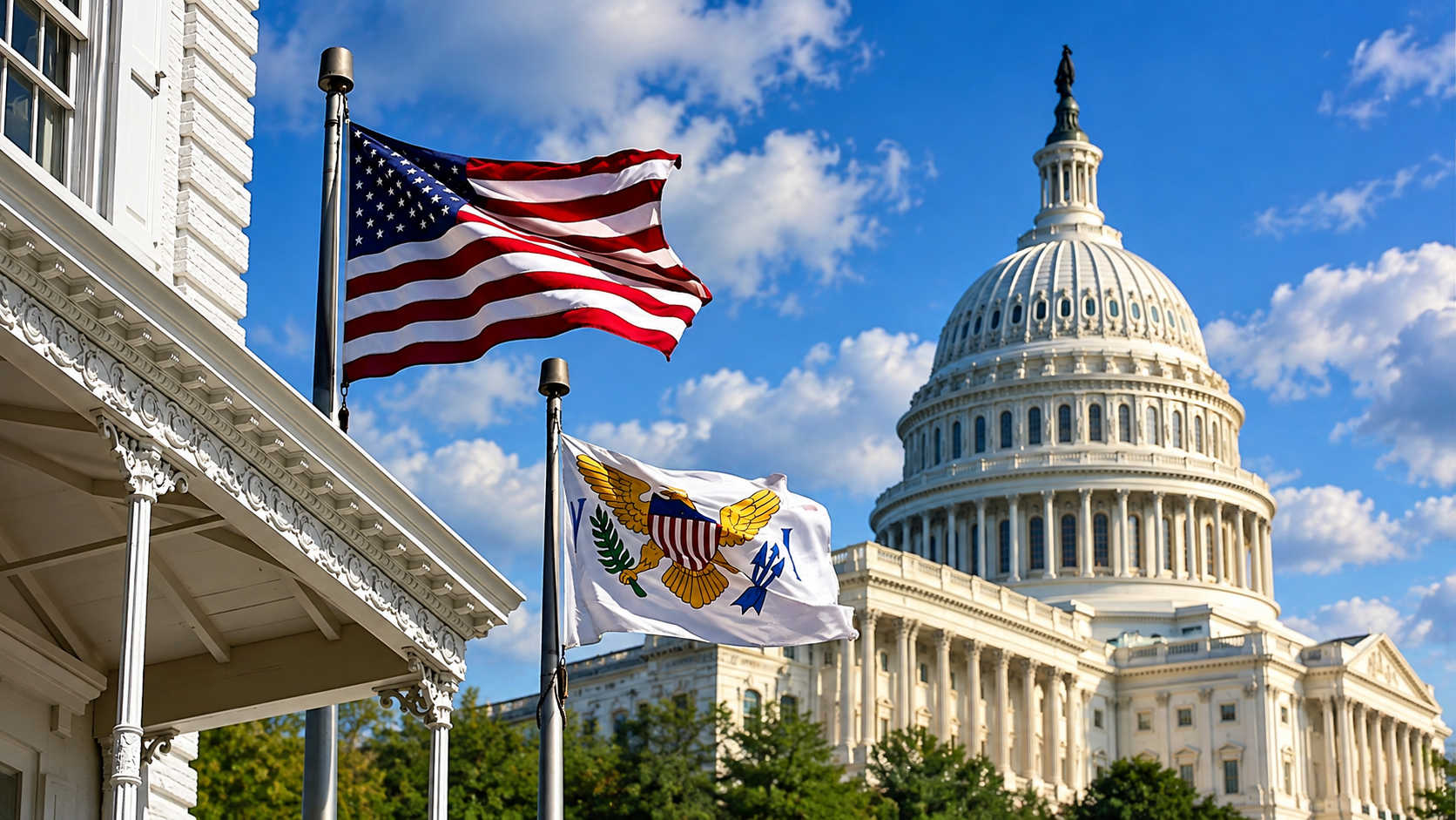 The U.S. and Virgin Islands flags appear alongside the U.S. Capitol in a composite image. A new Senate bill seeks to restrict birthright citizenship for certain children born in U.S. territories, including the USVI.