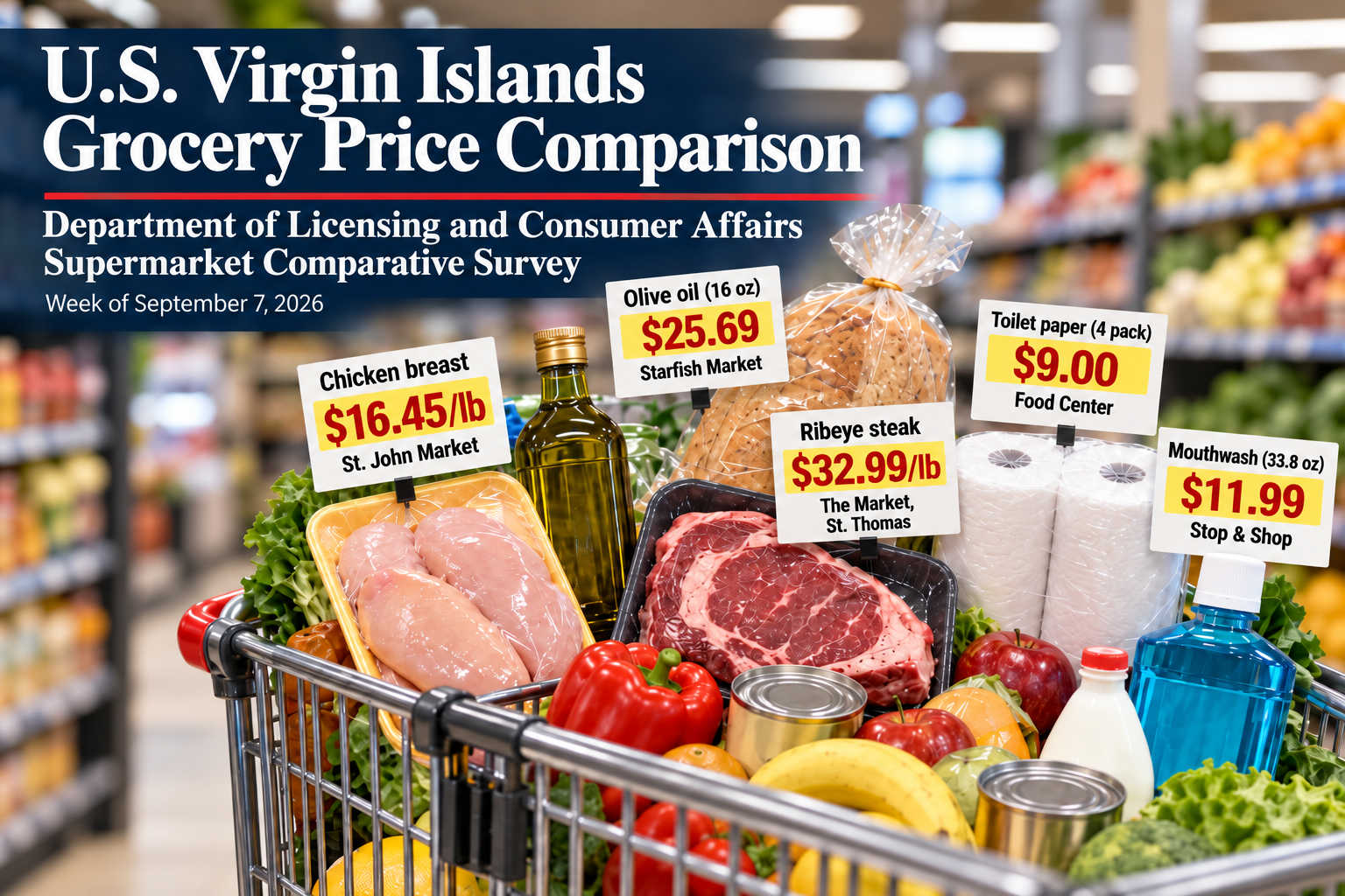 A grocery cart filled with food and household staples highlights select prices from DLCA’s September 2026 supermarket survey, illustrating sharp cost differences faced by shoppers across the U.S. Virgin Islands.