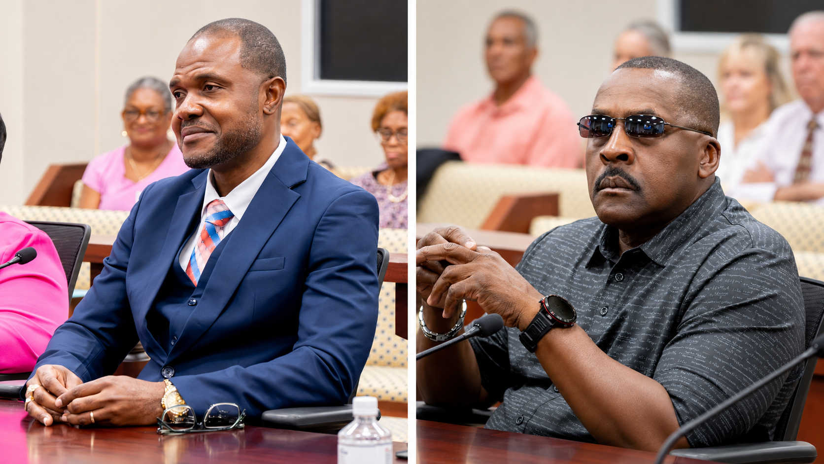 Kevré Hendricks, left, and fellow honoree Jerome “Jerry” Browne attend Monday’s Senate hearing as lawmakers advanced measures recognizing their contributions to music, education, sports and community life.