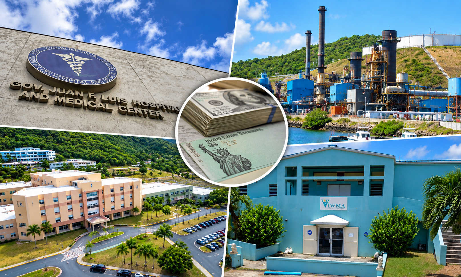 A collage of WAPA, the territory’s hospitals, Waste Management Authority, and tax-refund imagery illustrates Gov. Bryan’s proposed $250 million bond package, which requires legislative approval.