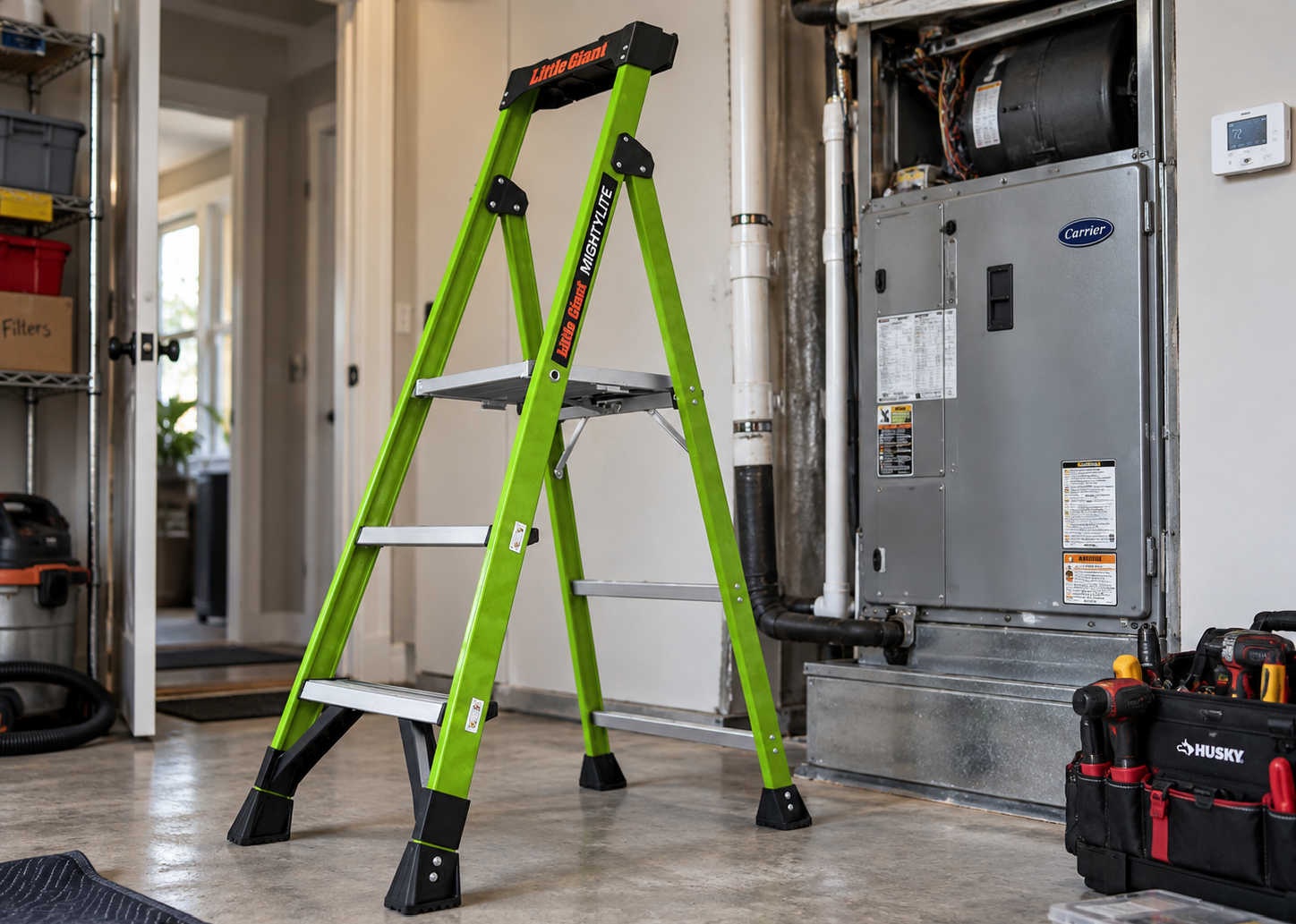 Illustrative image of a Little Giant MightyLite ladder beside an HVAC unit inside a residential work area. The ladder shown is not the actual ladder involved in the St. Croix lawsuit.
