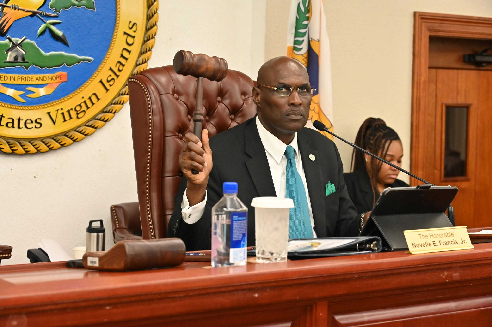 Sen. Novelle Francis Jr. presides over a budget hearing as the FY 2027 spending package advances toward a final Senate vote amid concerns over revenues, collections and federal funding.