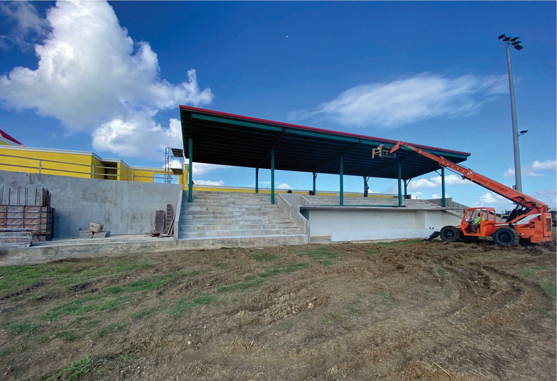 The left field bleacher roof of the Paul E. Joseph Stadium, currently under construction.