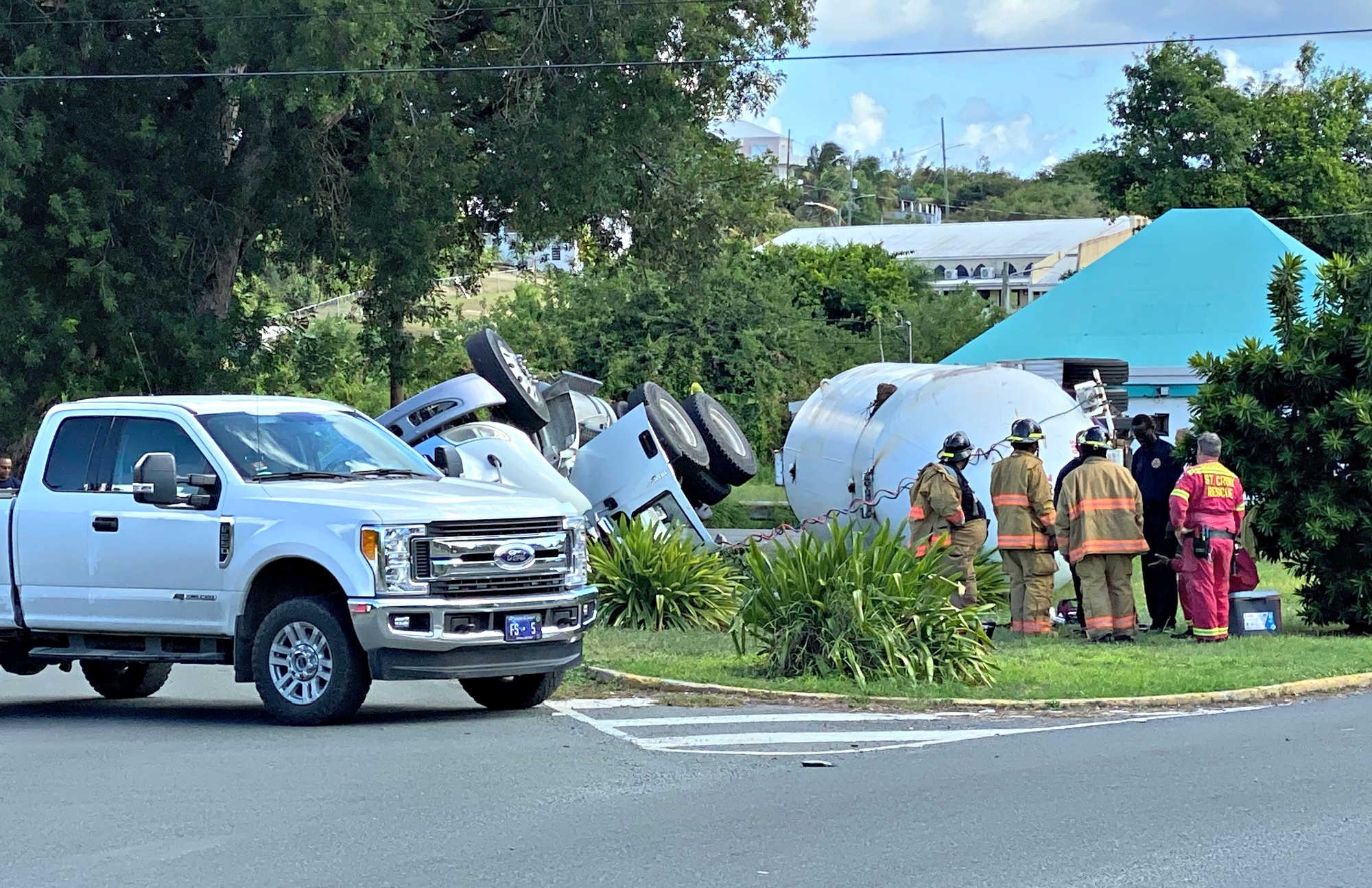 The intersection near Cool Out Bar in Peter’s Rest, St. Croix, pictured during a 2019 tanker truck crash. DPW is now considering a roundabout there as part of efforts to improve road safety.