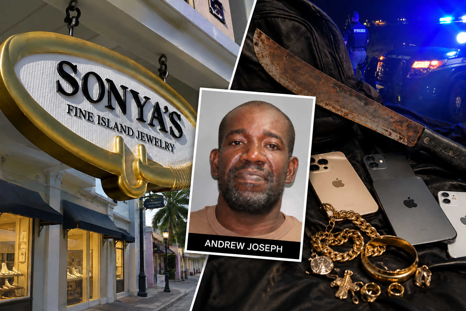 Composite image shows Sonya’s Fine Island Jewelry, Andrew Joseph and evidence tied to the robbery, including a machete and recovered property, as police detail how a forgotten backpack helped identify the suspect.