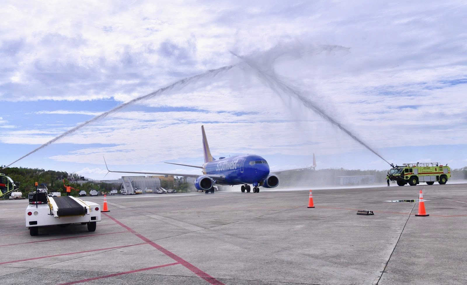 A Southwest Airlines aircraft taxis under a ceremonial water salute after touching down at Cyril E. King Airport on St. Thomas on Thursday, February 5, 2026, marking the airline’s inaugural arrival in the USVI.