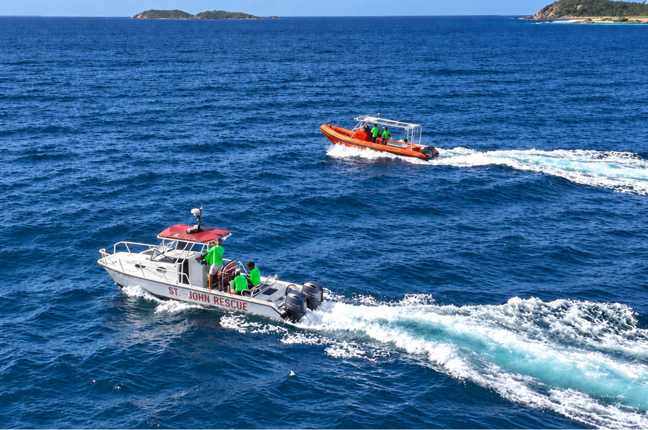 St. John Rescue vessels and personnel on the water. The organization helped rescue eight people stranded aboard an overturned boat near Buck Island, south of St. Thomas, during a nighttime operation on October 11, 2026.