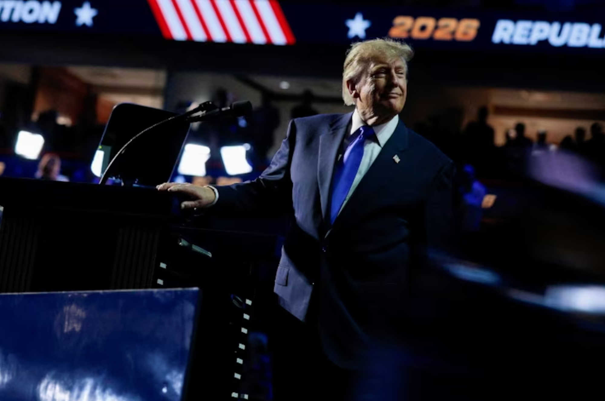 President Donald Trump speaks at the Republican National Committee’s midterm convention in Dallas on Sept. 9, 2026, where he announced a proposed $5,000 dividend for adult U.S. citizens.