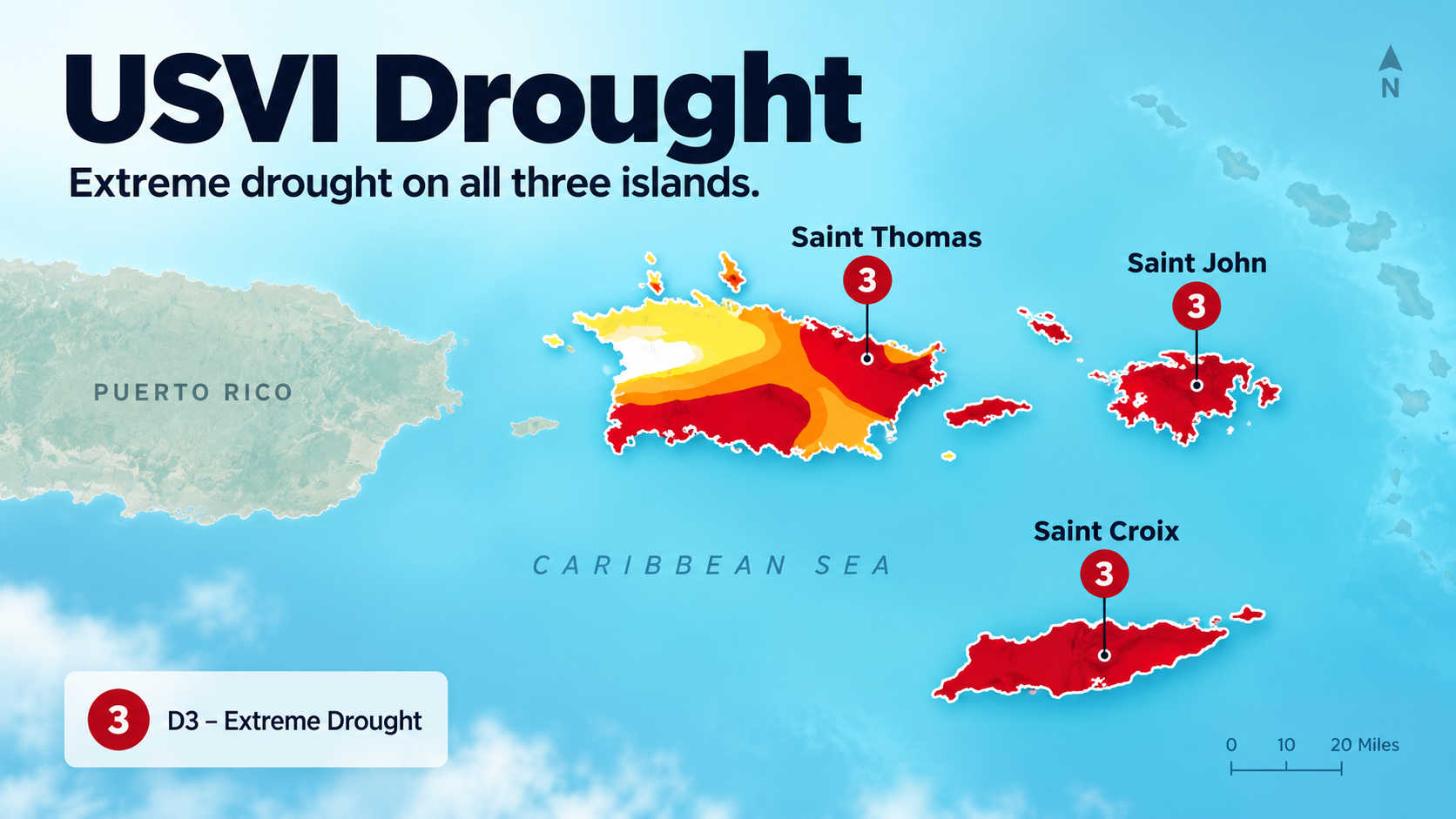 A map of the U.S. Virgin Islands showing St. Croix, St. Thomas and St. John in D3 extreme drought, reflecting the latest federal drought outlook and current drought monitor conditions.